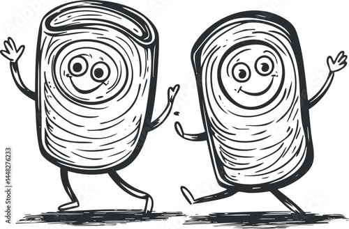 Hand drawn black and white cartoon illustration of two happy smiling fingerprint characters walking and waving