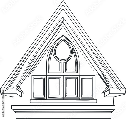 Black and white line art illustration of a decorative gable window with multiple panes and a pointed roof.