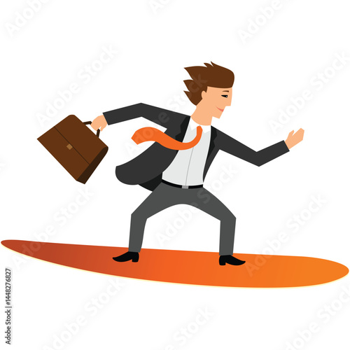Businessman wave surfer vector. Business surfing icon. Flat person in suit, necktie and briefcase surf and balance on board isolated on white background. Leadership and confident forwad direction
