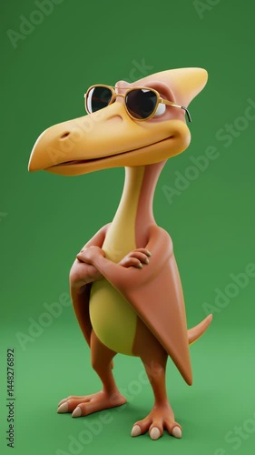 Cartoon Pterodactyl with Sunglasses Standing Confidently on Green Background