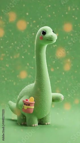 Green Animated Dinosaur Holding Snack on Plain Background