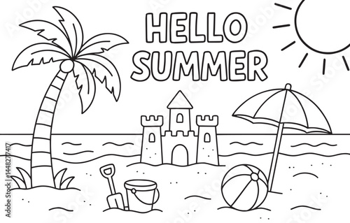 Hello Summer Beach Coloring Page for Kids – Palm Tree, Sandcastle, Umbrella, Ball, Sunshine and Ocean Fun Printable Sheet