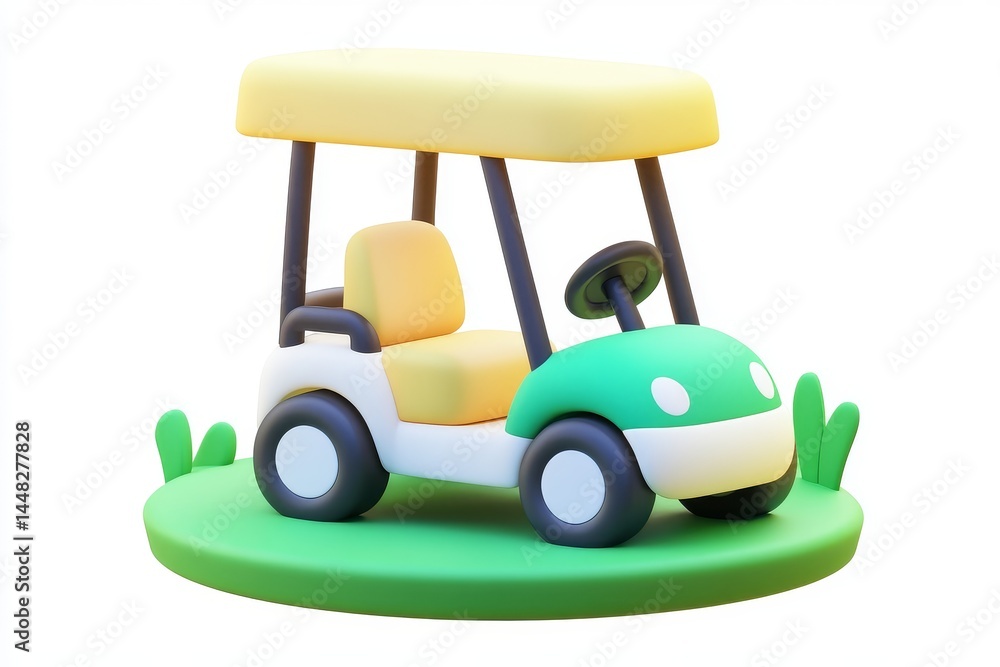 Fototapeta premium 3D cartoon golf cart icon in forest green and cream, ultra-high-definition details and 16K resolution, with a white background.