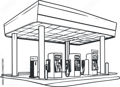 Black and white line drawing of a gas station with multiple fuel pumps and a large canopy