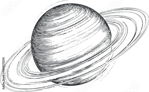 Black and white sketch illustration of a ringed planet resembling Saturn in space with detailed lines and texture