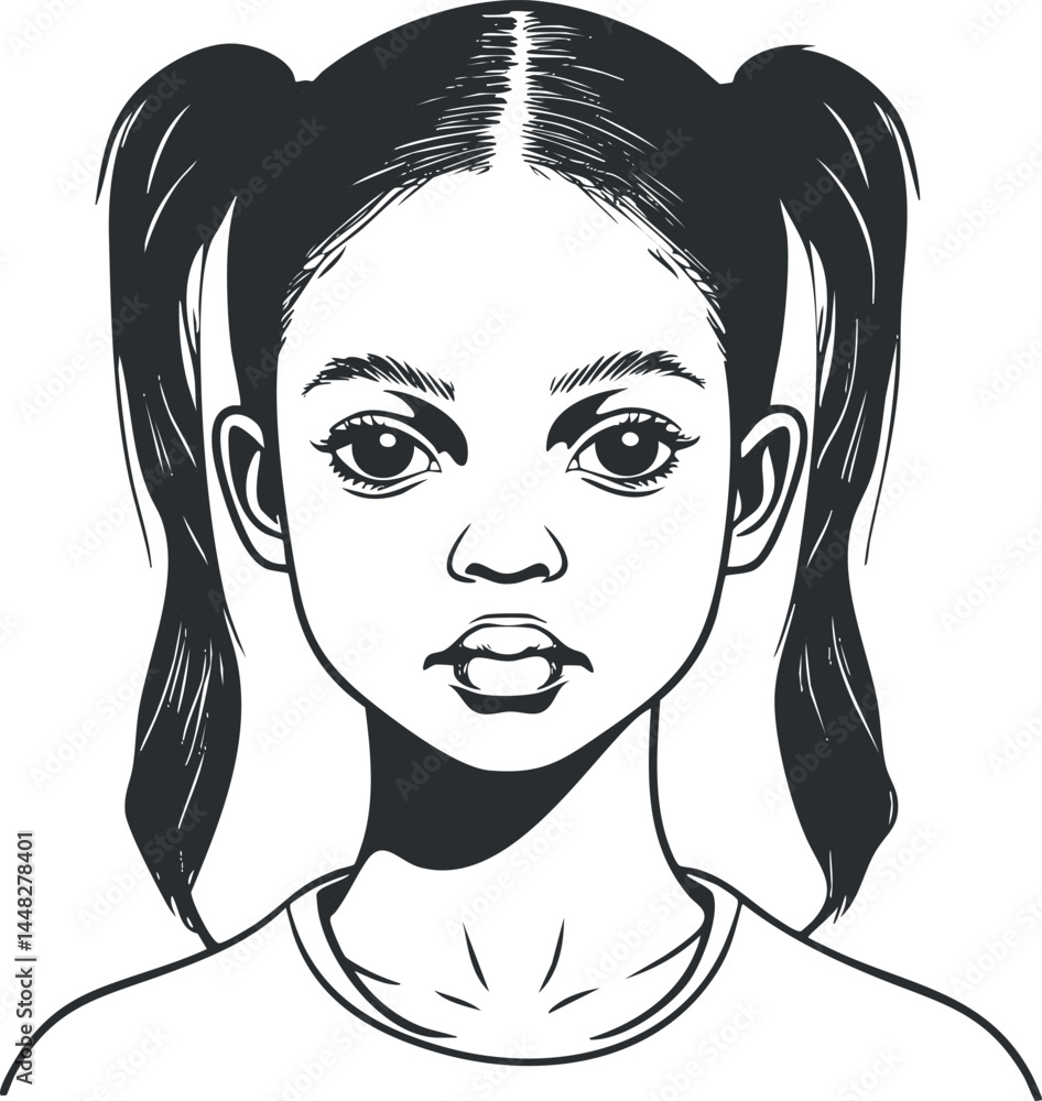 Monochrome cartoon illustration of a young girl with pigtails and expressive eyes in a simple t-shirt. Monochrome cartoon illustration of a young girl with pigtails and expressive eyes in a simple t-shirt.