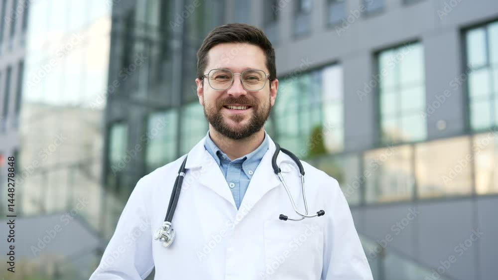 Portrait of smiling doctor in a white coat looking at camera, standing outside near hospital building. Head shot of happy handsome bearded male medical worker physician posing on the street. Close up Portrait of smiling doctor in a white coat looking at camera, standing outside near hospital building. Head shot of happy handsome bearded male medical worker physician posing on the street. Close up