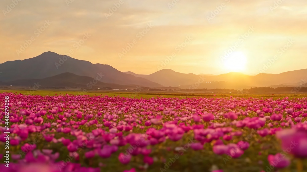 Fototapeta premium Vibrant flower field at sunset, vast pink blossoms under warm golden light, serene landscape inviting peaceful reflection.