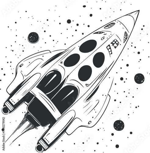 Black and white illustration of a futuristic spacecraft flying through outer space with stars and planets around it.