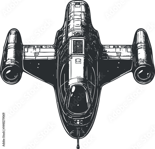 Black and white detailed illustration of a military fighter jet airplane viewed from above with twin engines and cockpit