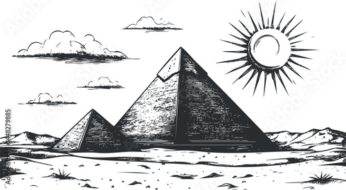 Black and white sketch of ancient Egyptian pyramids in a desert landscape with sun and clouds