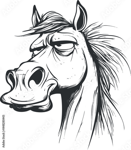 Black and white sketch of a horse head with mane in a cartoon style illustration