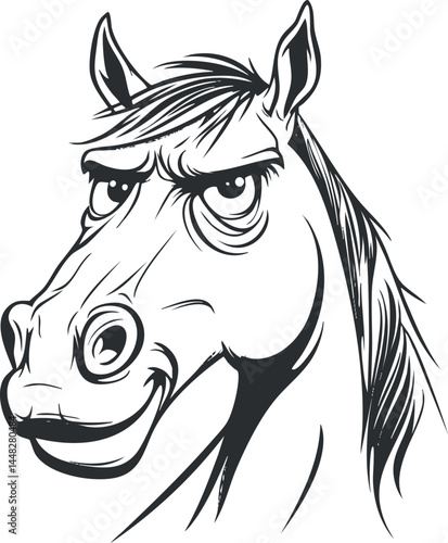 Black and white line art illustration of a horse head with expressive eyes and mane.