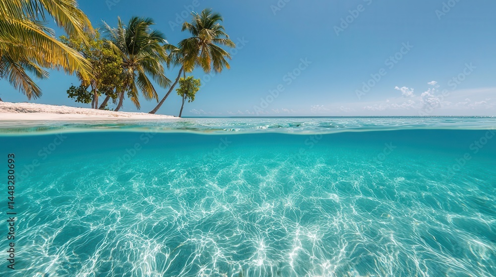 Naklejka premium Shallow tropical lagoon with colorful coral reef, lush palm trees swaying in the warm breeze