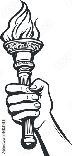 Black and white illustration of a hand firmly holding a flaming torch symbolizing power and light.