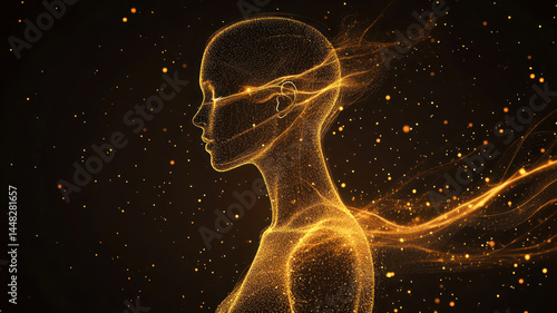 Stylized Human Silhouette in Abstract Design With Glowing Elements on Dark Background