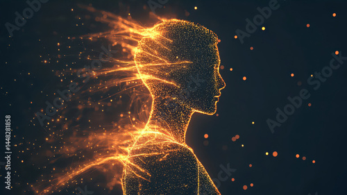 Minimal Stylized Human Silhouette Surrounded by Glowing Particles in an Abstract Format