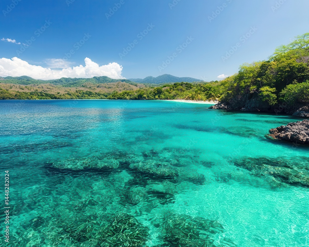 Exotic coastal paradise with a turquoise lagoon, coral reef alive with color, lush rainforest stretching beyond Exotic coastal paradise with a turquoise lagoon, coral reef alive with color, lush rainforest stretching beyond