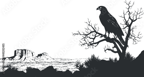 Silhouette of an eagle perched on a leafless tree branch overlooking a desert landscape with rocky formations and clear sky
