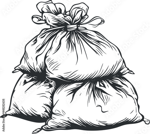 Black and white illustration of three tied sacks piled together for storage or transport
