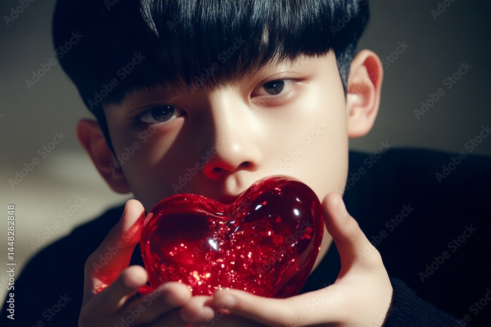Sign of love and affection. Commercial idea. Youth valentine's day greeting card: juvenile boy with begging eyes face holds red heart in hands. Valentine's day creative photo ideas.