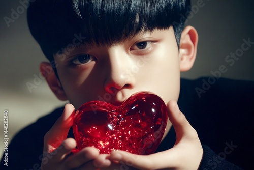 Obraz na płótnie Sign of love and affection. Commercial idea. Youth valentine's day greeting card: juvenile boy with begging eyes face holds red heart in hands. Valentine's day creative photo ideas. w salonie