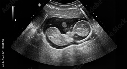 Ultrasound image of twins in the womb captured in black and white on a dark background with copy space