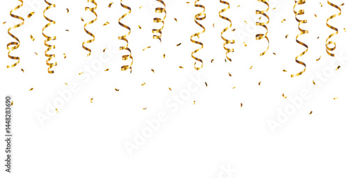 Vector realistic falling gold confetti and streamers seamless pattern on white background