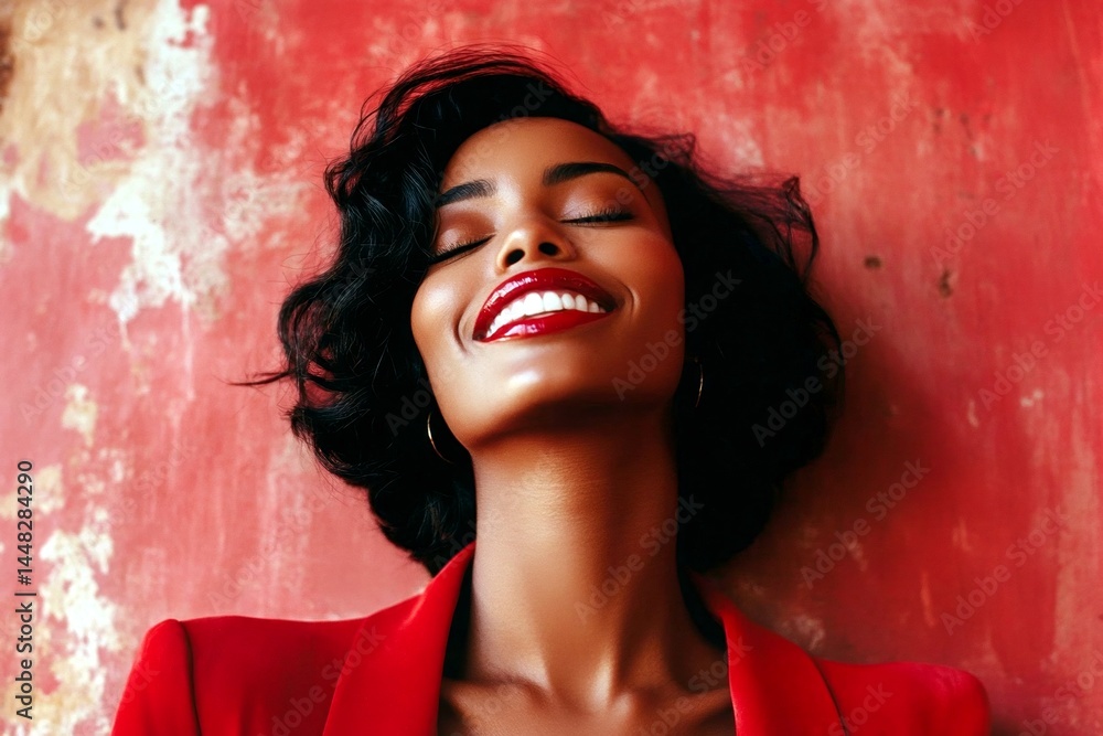 Short haircut - highlighted hair. Commercial ad visual idea. Stunning happy mixed-race girl - for ads, flyer and social apps use. African advertising shot. Advertising model portrait.