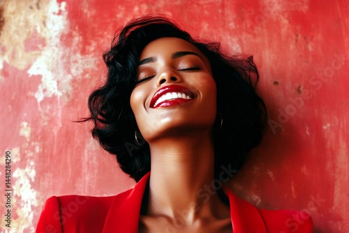 Obraz na płótnie Short haircut - highlighted hair. Commercial ad visual idea. Stunning happy mixed-race girl - for ads, flyer and social apps use. African advertising shot. Advertising model portrait. w salonie
