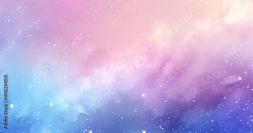 A dreamy cosmic background with pastel colors and twinkling stars.