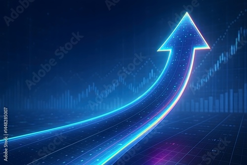 Neon illuminated futuristic arrow curving upward through financial analytics graphs, symbolic concept of accelerating market growth, successful investments, and strategic innovation.