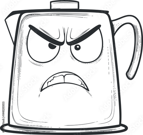 Black and white illustration of an angry kettle with furrowed eyebrows and a scowling face expression