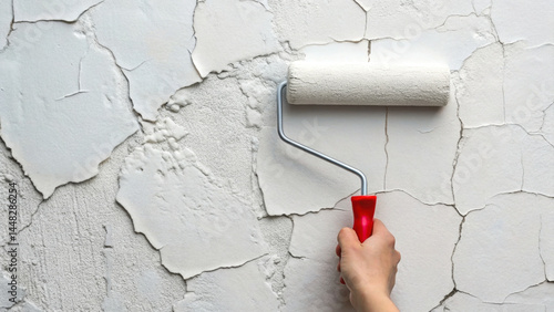 Side view of roller painting over old cracked wall with peeling paint, hand holding paint roller with red handle, home renovation and repair concept