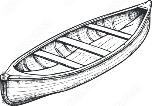 Hand-drawn vintage wooden canoe boat detailed sketch for outdoor water recreation and fishing