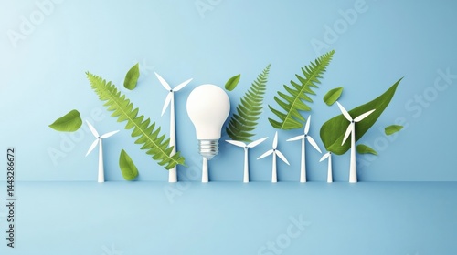 energy efficiency conservation optimization concept. Eco-friendly composition with plants, wind turbines, and a lightbulb.