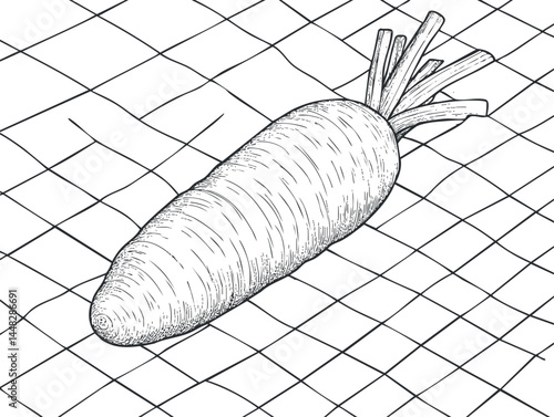 Hand-drawn black and white illustration of a carrot root vegetable on a grid background