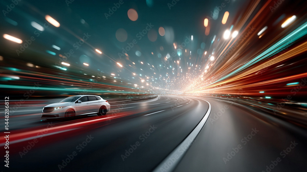 Fototapeta premium Silver car speeding on blurred night highway, vibrant city lights streaking past. Dynamic energy of motion creates excitement and modern progress