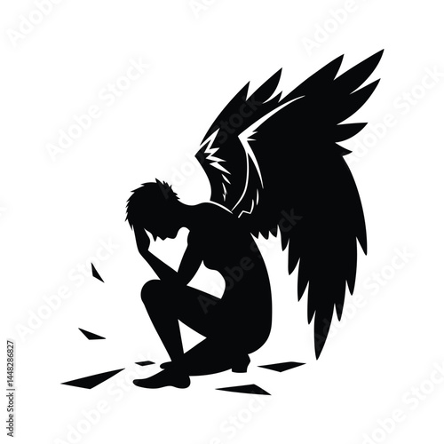 Fallen Angel Silhouette Vector Kneeling with Broken Wings on White