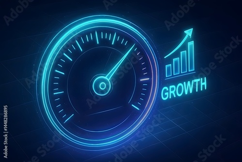 Futuristic neon speedometer illustrating rapid business growth, digital economic success visualization with rising financial chart and upward arrow concept.