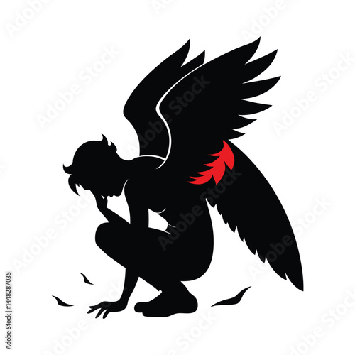 Fallen Angel Silhouette Vector Kneeling with Broken Wings on White