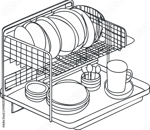 Black and white line art of a dish drying rack with plates, cups, and spoons organized neatly for drying in a kitchen.