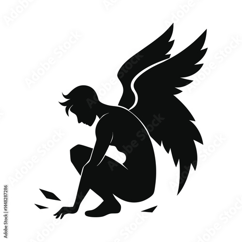 Fallen Angel Silhouette Vector Kneeling with Broken Wings on White