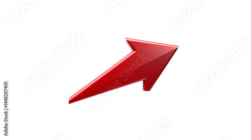 A glossy red arrow pointing diagonally upwards on a stark black background illustration isolated on transparent background