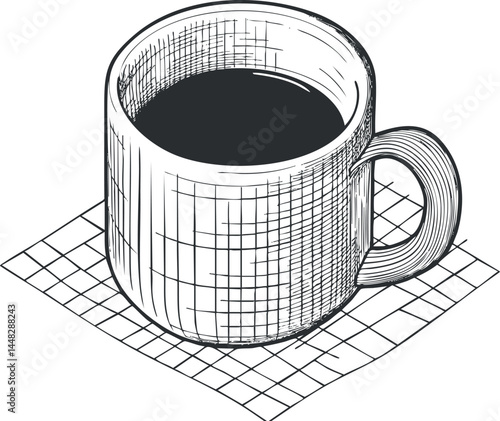 Hand-drawn black and white sketch of a coffee cup filled with hot beverage on a grid surface