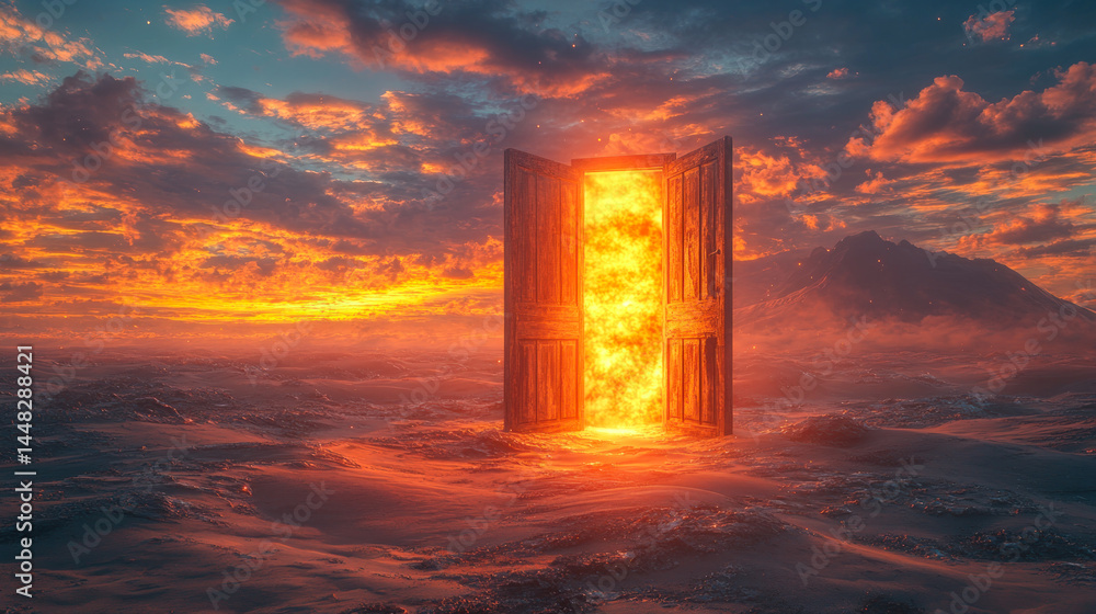 Surreal landscape featuring a glowing fiery portal door standing in a desert-like environment under a dramatic, colorful sunset sky.
Surreal landscape featuring a glowing fiery portal door standing in a desert-like environment under a dramatic, colorful sunset sky.