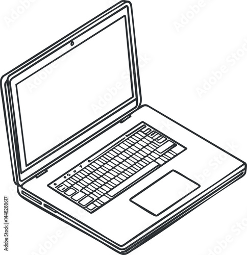Black and white line drawing of an open laptop computer showing keyboard, screen, and trackpad from an angled perspective.