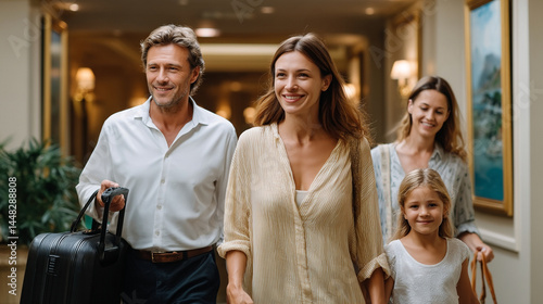 Happy family is walking with luggage down luxurious hotel corridor, smiling brightly and enjoying their vacation arrival