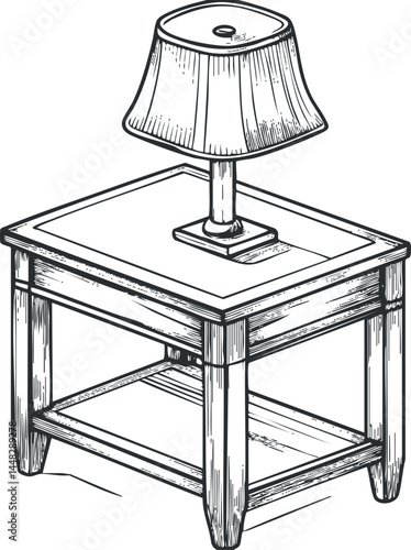 Black and white sketch of a wooden side table with a classic lamp, suitable for home decor and interior design concepts