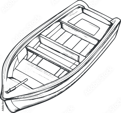 Detailed black and white sketch of a wooden rowboat with seats and an oar for water travel and fishing